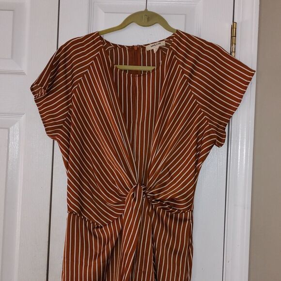 Sandy & Sid brown and white striped wrap front dress Sz M - Picture 3 of 6